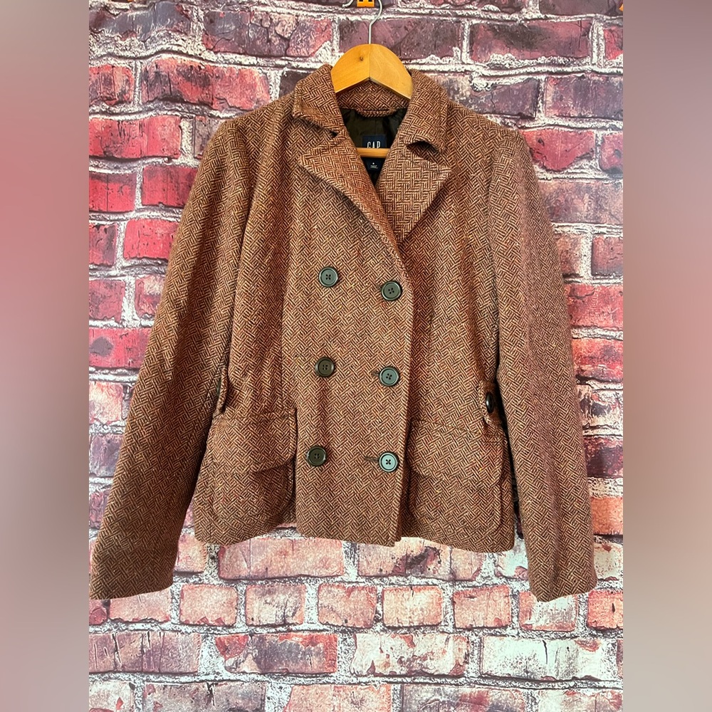 GAP Brown Herringbone Double Breasted Pea Coat Jacket 8